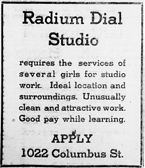 Advertisement by the Radium Dial Company for girls to work in their radium dial painting factory.