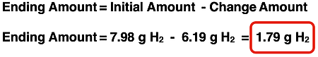 Example of using the formula for calculating excess reactant amount as the given amount minus the reacting amount; the third part of a 3-part excess reactant problem.