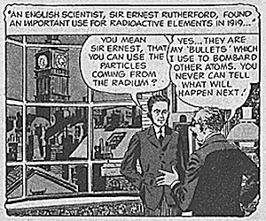 Cartoon with Rutherford describing nuclear bombardment.