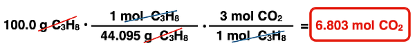 Shows the conversion factor solution - arrangement of factors with numbers, units, unit cancellation, and answer - for converting from grams of a reactant and moles of a product, specific to propane combustion reaction.