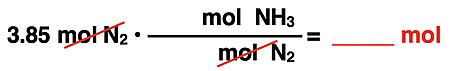 Factor Label Method Shows the conversion factor set up with unit cancellation for converting from moles of a reactant to moles of a product, specific to ammonia synthesis reaction.
