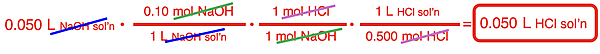 Conversion factor solution for the conversion of volume NaOH solution to volume HCl solution for a stoichiometry problem for an acid-base neutralization reaction.