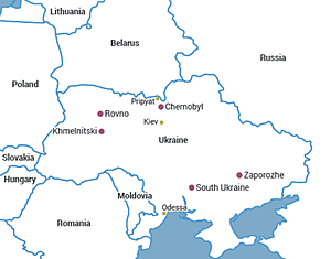 Map of Ukraine in 1996, showing the location of Chernobyl.