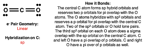 Analysis of CO2, showing Lewis diagram, electron pair geometry, hybridization, and a description of the bonding.