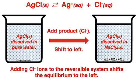 Beaker diagram depicting the LeChatelier shift that occurs when a common ion is added to a solution of an insoluble salt in equilibrium with its ions.