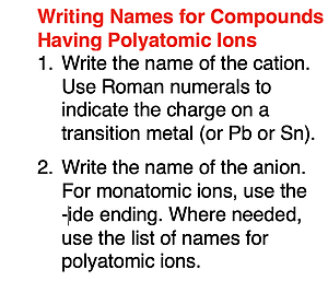 Two step method for writing the name of an ionic compound containing a polyatomic ion.