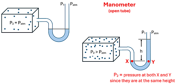 An illustration of an open tube manometer both at atmospheric pressure and not. The manometer looks like a box with a fluid to measure (with the equation P2 = P atmosphere), connected to the right by a tube that dips down into a U and then up, and is open to the atmosphere at the top. The water level of that tube is level (same on left and right side of the U bend). The second version (higher pressure) manotube show more molecules in the box and P2 is greater than P atmosphere. This pushes on the water, and now the left side of the water is lower than the right side of the water (a height of h), with the top marked as P1. An X and Y line are marked also at the same height as the left side of the tube, indicating that the pressure on the left is the same at the same height as the right, so the height between the left side and right side is the proper height to use in calculating.