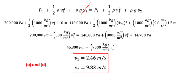 We start with Bernoulli's Equation: P sub 1 + 1/2 rho v sub 1 squared + p g y sub 1 = P sub 2 + 1/2 rho v sub 2 squared + p g y sub 2. We set y sub 1 to , replace v sub 2 with 4 v sub 1 (from Part b), and y sub 2 as 1.5 meters. The other values we also have (P sub 1 of 200,000 and P sub 2 of 140000, and rho of 1000 kg per cubic meter). Plugging in all the values, we get down to 45,300 pascalls = 7500 kg per cubic meters times v sub 1 squared, which resolves to v sub 1 = 2.46 meters per second. V sub 2 is 4 times that, or 9.83 meters per second.