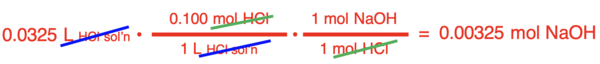 Conversion factor solution for the conversion of volume HCl solution to moles NaOH for a stoichiometry problem for an acid-base neutralization reaction.