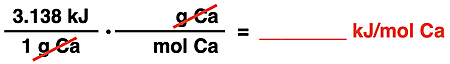 Factor label set-up for converting from kJ/gram to kJ/mole; emphasis is on the arrangement of the conversion factor and the cancellation of units.