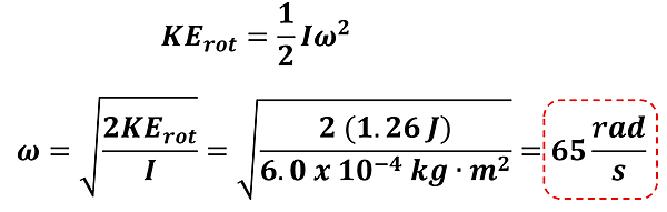To find the angular velocity (omega), we use the Kinetic Equation for rotation and solve for omega.  KE sub rot = 1/2 I omega squared.  We put in our Kinetic Energy (1.26 Joules) and our Moment of Inertia (6 times 10 to the -4 power), and solve to get 65 rads per second (rounded from 64.72 rads per second).