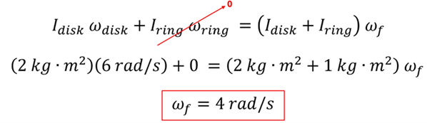 We start with I sub disk times omega sub disk + I sub ring times w sub ring = the combination of I sub disk + I sub ring times the omega sub f (final angular moment of both since they spin together).  Values are added, 2 kg meters squared times 6 rads per second + 0 (the ring has no angular momentum at first) = 2 + 1 kg meters squared times the omega sub f (final angular momentum), and solve for omega sub f to get 4 rads per second.