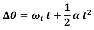 The equation to use to find the change in angular distance is delta theta (change in angular distance) equals omega sub i (initial angular velocity) times t plus one half alpha (angular acceleration) times t (time) squared.