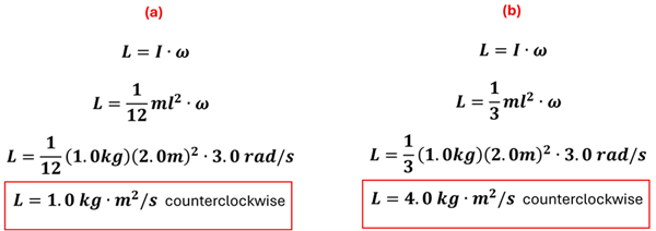The angular momentum is L = I times omega.  For A (rotating through middle) this becomes 1/12 times 1 kg times 2 meters squared times 3 rads per second to get 1 kg meters squared per second counterclockwise.  For b, our equation becomes 1/3 times 1 kg times 2 meters squared times 3 rads per second which is 4 kg times meters squared per sec counterclockwise.