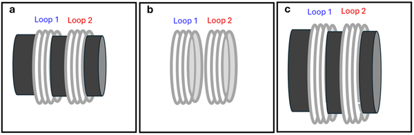 3 diagrams of 2 parallel wire loops that are not connected to a power supply.  Diagram A has a metal rod the rings are around.  Diagram B has no rod, and Diagram C has a larger metal core between them.