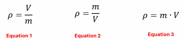 3 equations are given to pick the correct one for density.  Equation 1 is rho = V over m.  Equation 2 is rho = m over V.  Equation 3 is rho = m times V