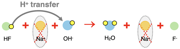 Particle diagram representing complete ionic equation for neutralization reaction of HF with NaOH. Acid, base, water, and salt are labeled; spectator ions are circled.