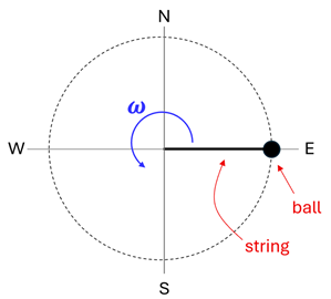 A circle with compass directions, a line (string) with a ball (black dot) on East and a blue arrow (omega) pointing counter clockwise.