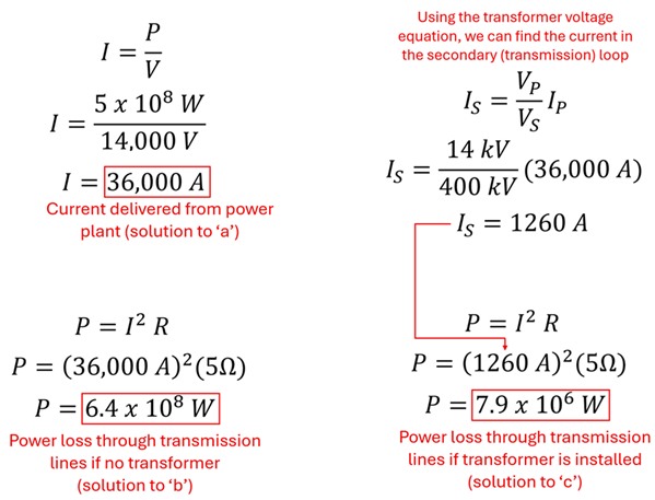 4 equations to solve the problem.  First plugs in 500 Megawatts over the 14000 Volts to get around 36000 amps of current being generated.  Next equation plugs these amps with the resistance to find that 36000 amps squared times 5 ohms is 640 Megawatts of power loss.  More than the power input.  The third equation shows current after stepping up to 400 kilovolts.  14 kilovolts divided by 400 kilovolts times 36000 amps is only 1260 amps.  The last equation is then plugged back into the power loss, where 1260 squared times 5 ohms is only about 7.9 Megawatts, a 2%25 reduction in original power.