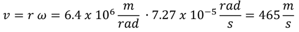 Tangential velocity equation and solution. Nu (tangential velocity) equals radius times omega (angular velocity) which equals 6.4 x 10 to the 6th power meters per radian times 7.27 times 10 to the -5 power rads per second = 465 meters per second.