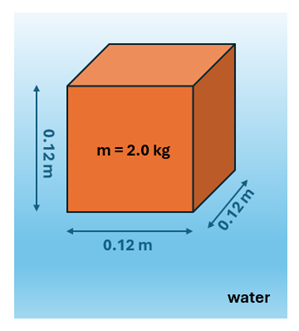A cube in the water with sides of 0.12 meters and a mass of 2 kg.