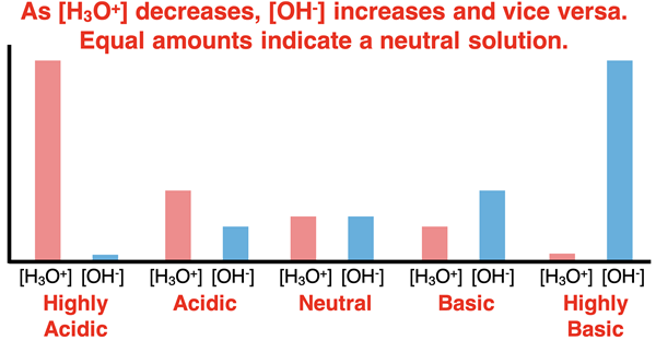 Bar chart showing relative concentration of hydronium and hydoxide ions for acidic, neutral, and basic solutions.
