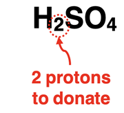 H2SO4 formula with the subscript 2 circled and caption: 2 protons to donate.