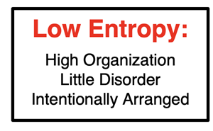 Low entropy: high organization, little disorder, intentionally arranged.