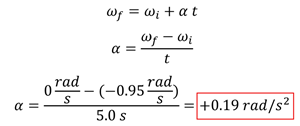 The solution to the angular acceleration.  Using omega sub f = omega sub i plus alpha times t, we plug in for the initial angular velocity (0.95) and the end angular velocity (0) and the time (5) and solve to get 0.19 rad per second squared.