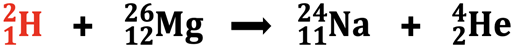 A completed nuclear equation for a bombardment reaction; part of a problem in which a student must identify the missing product nucleus.
