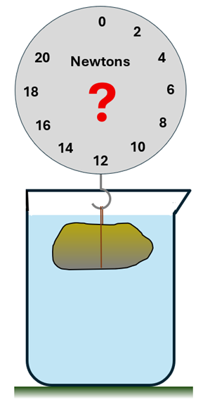A possibly gold rock attached to a scale, floating in a beaker of water.  There is a question mark on the scale's face indicating and unknown mass.