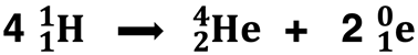 Nuclear equation for the fusion of four H atoms to produce He-4 and two positrons.