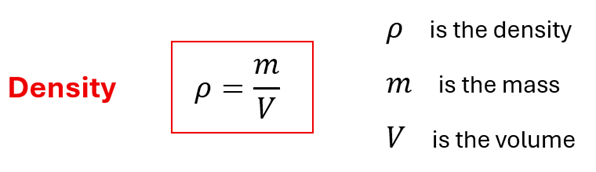 Density equation.  rho (density) = m (mass) over V (volume).  Sometimes D is used to represent density.