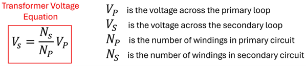 The Transformer Voltage Equation.  With sub P as the Primary (Source), sub S as the Secondary (destination), Voltage of Secondary equals Number of Loops of Secondary divided by Number of Loops of Primary times the Voltage of the Primary.