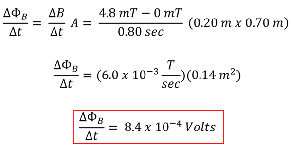 The equation to find the volt change.  Since it goes from 0 to 4.8 millitesla over 0.8 seconds, the rate of change is 6 millitesla per second, multiplied the area of 0.2 meters times 0.7, we get 8.4 times 10 to the -4 power webers per second - Or volts.