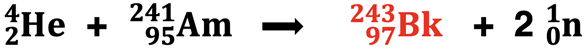 A completed nuclear equation for a bombardment reaction; part of a problem in which a student must identify the missing product nucleus.