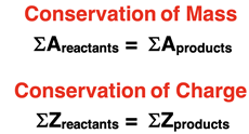 Two formulae demonstrating the conservation of mass (mass # balance) and the conservation of charge (atomic # balance) for a nuclear equation.