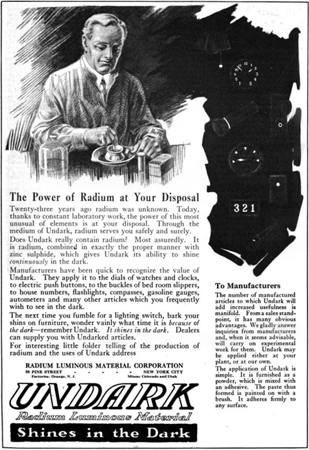 Advertisement by the Radium Luminous Material Corporation, promoting their glow-in-the-dark product labeled Undark.