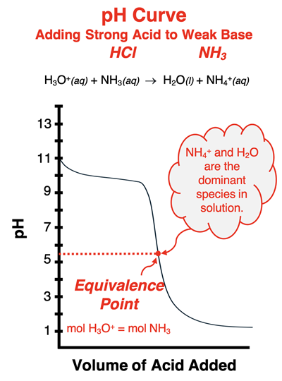 pH Curve for a strong acid-weak base titration showing an equivalence point at a pH less than 7.0. Chemical equation, with product identities, is shown.