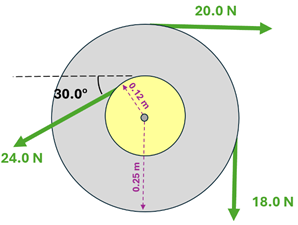 two discs welded together with difference forces being applied.  The outer disc is 0.25 meters in radius, and has a clockwise force of 20 newtons and 18 newtons applied perpendicularly.  The inner circle has a 0.12 meter radius and has a counter clockwise force of 24 newtons applied at a 30 degree angle.