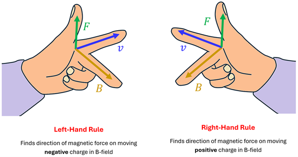 An image showing the Force-Finding Left and right hand rules.  Left hand for negative charges moving in a B-Field, and right hand for positive charges moving in a B-Field.