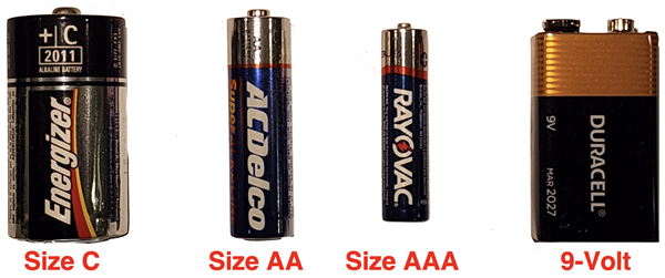 Photo of Size C, Size AA, Size AAA, and 9-volt batteries.