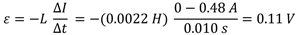The equation to find the induced emf.  the Inductor is 2.2 milli henries (or 0.0022 henry) times 0.48 amps (change in amperage) over 0.01 seconds equals 0.11 volts.