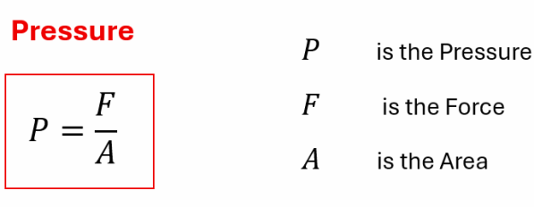 Pressure formula, P (Pressure) = F (force) over A (Area)