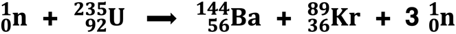 Nuclear equation for the neutron-bombardment of uranium-235, showing fission products of barium-56 and krypton-89.