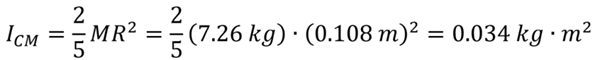 The equation for a solid sphere's moment of inertia is given (I sub cm = 2/5 M R squared).  7.26kg for mass and 0.108 for the Radius is entered in to get 0.034 kg meters squared.