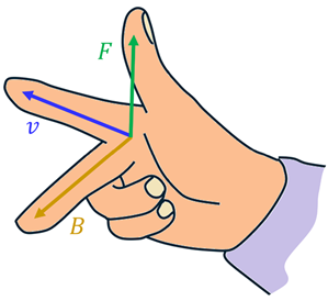 A person's hand performing the Force-finding right hand rule.  The index finger is aligned with the nu (velocity) direction, the middle finger is bent towards the direction of the magnetic field, and the thumb aligns with the direction of the force.