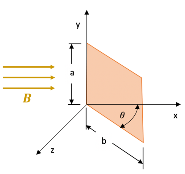 A diagram that shows an X Y Z graph, with the square a tall (y axis) by b wide (x axis) rotated towards the z axis by theta degrees, and a magnetic field that is parallel with the x axis.