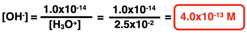 Solution to example problem, calculating hydroxide ion concentration from hydronium ion concentration.