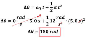 The solution, showing that replacing the values of 0 for omega sub i (initial angular velocity), 12 rads per second squared for alpha (angular acceleration), we get 0 times 5 (0) plus one half 12 (6) times 5 squared = 150 rad.